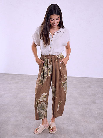 Linen barrel printed trousers in brown