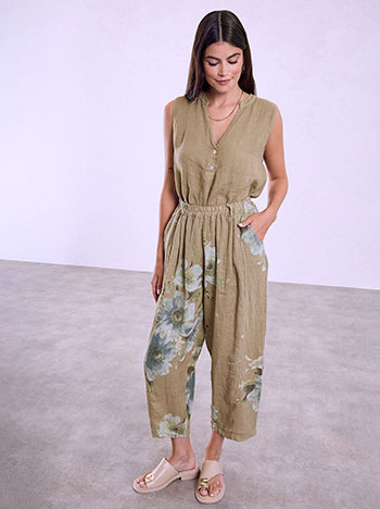 Linen barrel printed trousers in khaki