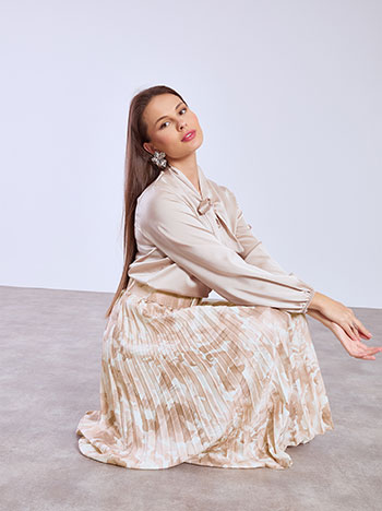 Skirt pleated printed with belt in beige