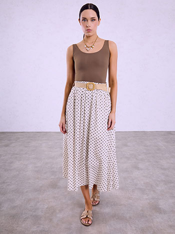 Midi polka dot skirt with belt in beige