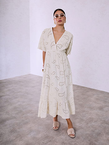 Dress with embroidered paisley details in beige