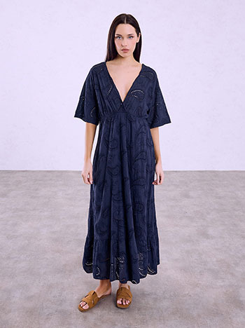 Dress with embroidered paisley details in dark blue