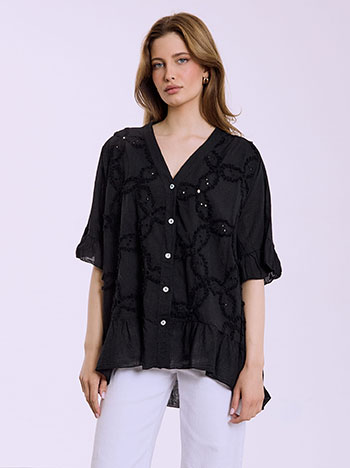 Πουκάμισο βαμβακερό με βολάν σε μαύρο