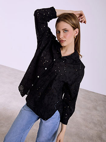 Πουκάμισο κεντητό βαμβακερό σε μαύρο