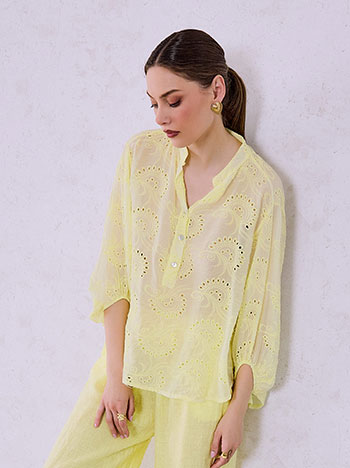 Μπλούζα κεντητή με balloon μανίκι σε κίτρινο