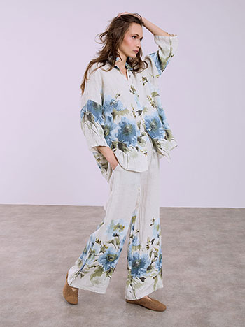 Παντελόνα λινή με λουλούδια σε μπεζ