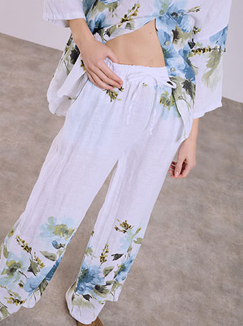 Παντελόνα λινή με λουλούδια σε λευκό