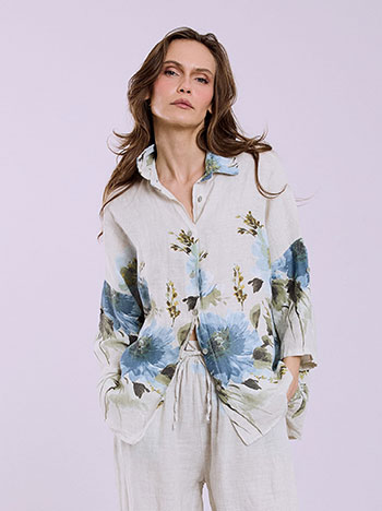 Πουκαμίσα λινή φλοράλ σε μπεζ