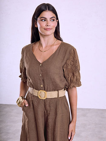 Linen shirt with crochet details in brown