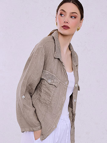 Πουκάμισο λινό με τσέπες σε καφέ ανοιχτό