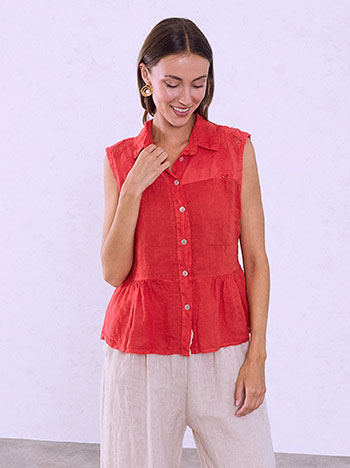Linen shirt with perforated details in red
