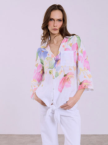 Shirt floral linen in white
