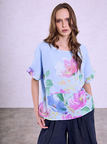 Linen floral print top in sky blue