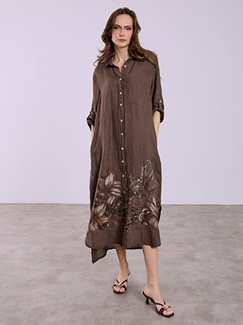 Σεμιζιέ φόρεμα με εμπριμέ τελείωμα σε καφέ