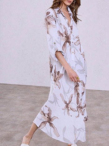 Midi floral dress with linen in white
