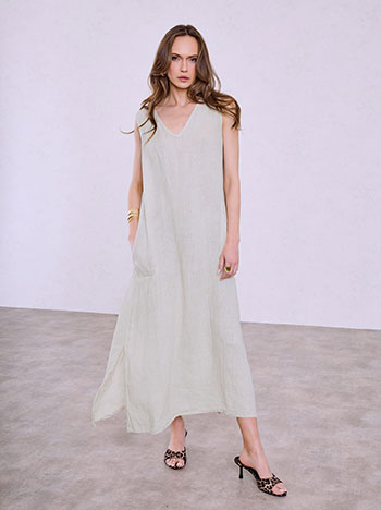 Linen maxi dress with pockets in beige