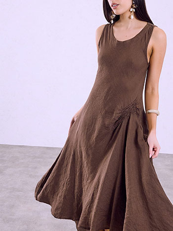 Side-ruched linen dress in dark brown