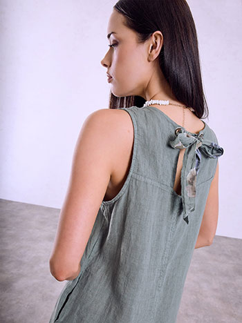 Linen dress with back tie in khaki