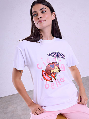 T-shirt με στάμπα σκυλάκι Ciao Bella σε λευκό