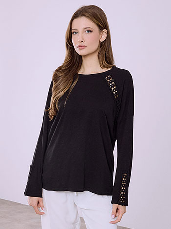 Μπλούζα με πλεκτές κροσέ λεπτομέρειες σε μαύρο