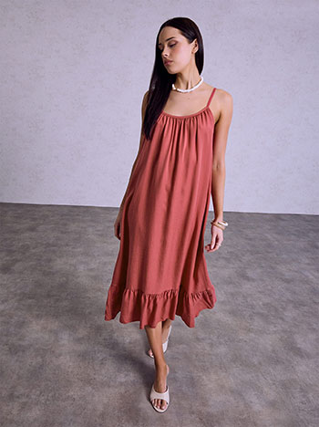 Midi solid colour dress with frills in light red