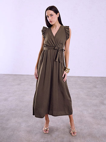 Maxi dress with ruffle sleeves in dark brown