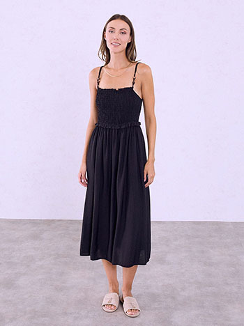 Midi dress with smocked detail in black