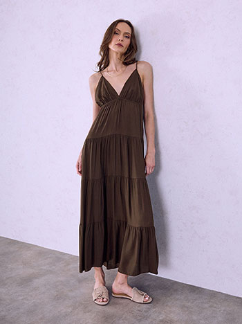 Maxi dress with ruffles in dark brown