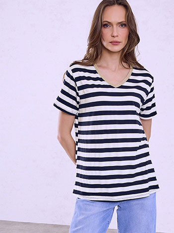 Striped top with metallic detail in dark blue