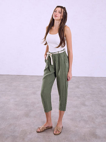 Linen trousers with fabric belt in khaki