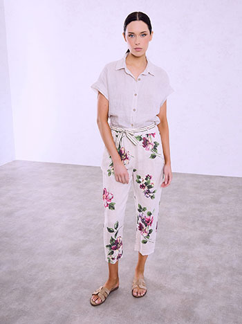 Linen floral trousers with belt in beige