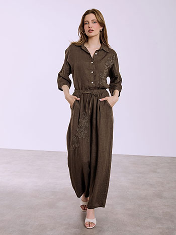 Παντελόνα λινή με κεντητή λεπτομέρεια σε καφέ σκούρο