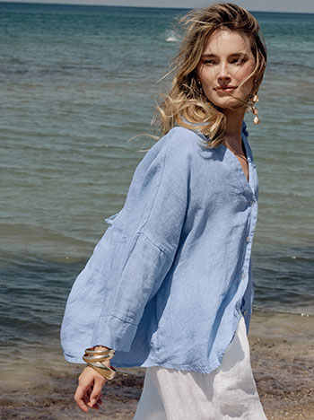 Linen asymmetric shirt in sky blue