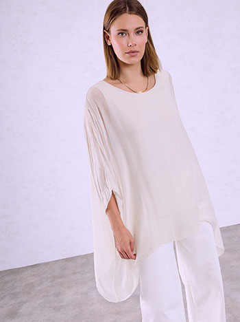 Asymmetric semi-sheer blouse in light beige