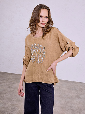 Μπλούζα με λινό και παγιέτες σε καμηλό