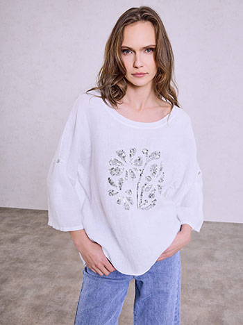 Μπλούζα με λινό και παγιέτες σε λευκό