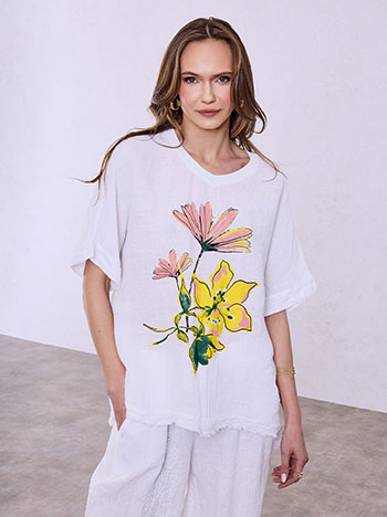 Linen top with graphic in white