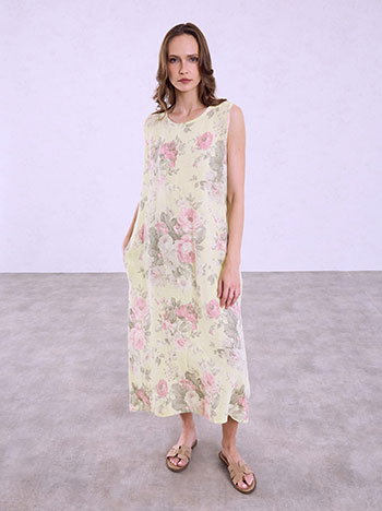 Linen floral dress with pockets in yellow