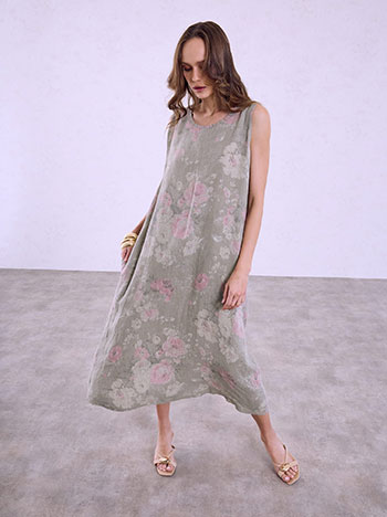 Linen floral dress with pockets in light brown