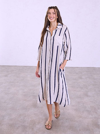 Striped shirt-dress with pocket in light beige