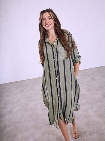 Striped shirt-dress with pocket in khaki