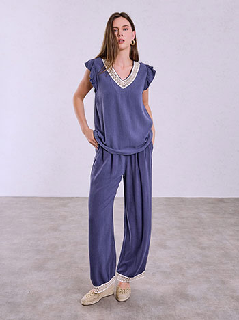Sleeveless top and wide leg trousers set in dark blue