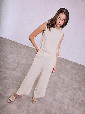 Top and wide leg trousers with linen set in light beige