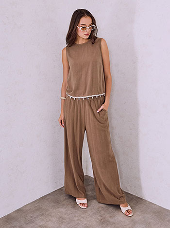 Top and wide leg trousers with linen set in brown