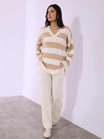 Top striped and trousers set in light beige