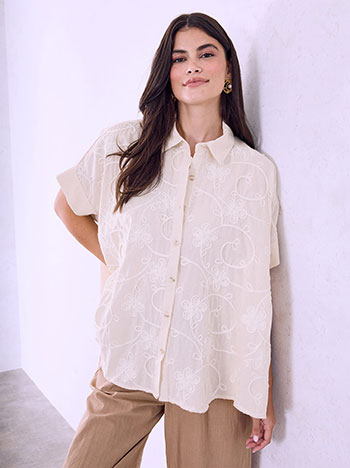Asymmetric embroidered shirt in beige