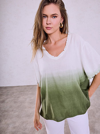 Top with ruffled details in khaki