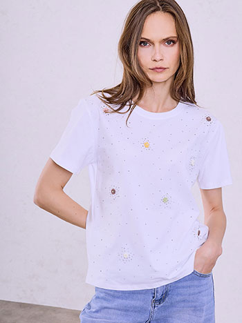 Monochrome T-shirt with rhinestones in white