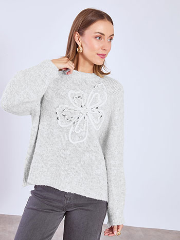 Sweater with textured pearled flower in grey