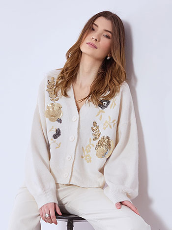 Cardigan knitted with sequins in off white